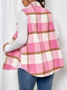Flirla Plus Plaid Flap Pocket Sleeveless Overcoat - Pink - View 2