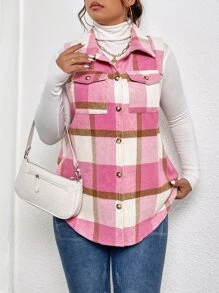 Flirla Plus Plaid Flap Pocket Sleeveless Overcoat - Pink - View 3