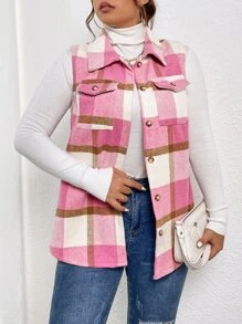 Flirla Plus Plaid Flap Pocket Sleeveless Overcoat - Pink - View 4