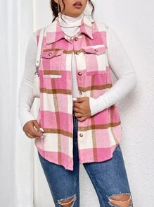 Flirla Plus Plaid Flap Pocket Sleeveless Overcoat - Pink - View 5