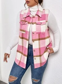 Flirla Plus Plaid Flap Pocket Sleeveless Overcoat - Pink - View 6
