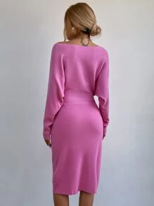 SHEIN Unity Ladies áo len váy màu trơn Giải trí - Hồng - Xem 2