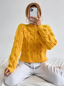 Jersey de cuello alto de hombros caídos tejido de cable - Amarillo - Ver 1