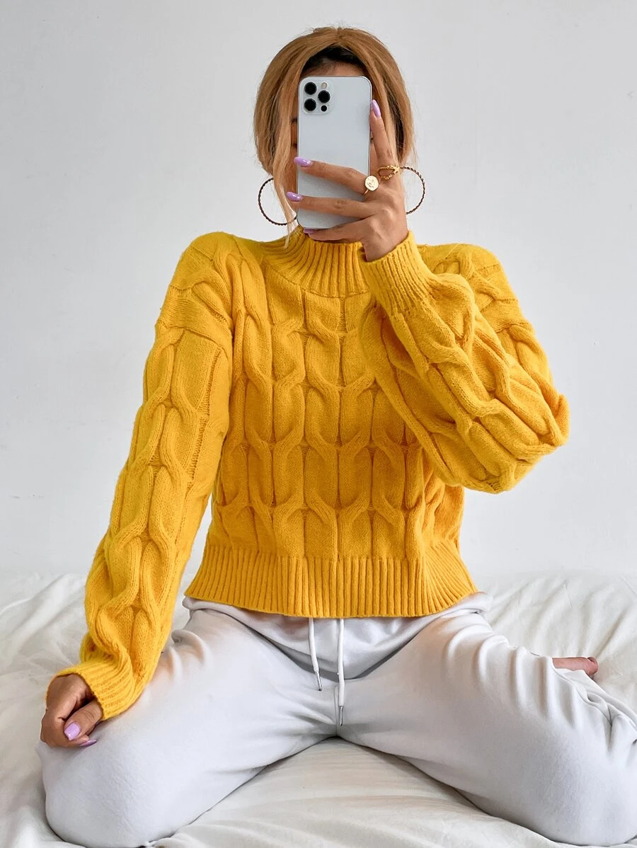 Jersey de cuello alto de hombros caídos tejido de cable - Amarillo - Ver 1