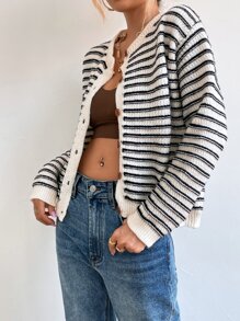 SHEIN Essnce Striped Pattern Single Breasted Cardigan - Multicolor - View 5