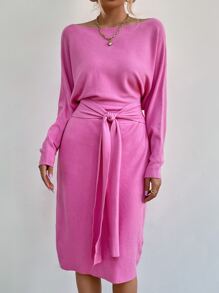 SHEIN Unity Ladies áo len váy màu trơn Giải trí - Hồng - Xem 4