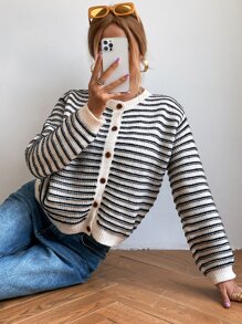 SHEIN Essnce Striped Pattern Single Breasted Cardigan - Multicolor - View 6