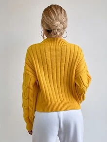 Jersey de cuello alto de hombros caídos tejido de cable - Amarillo - Ver 2