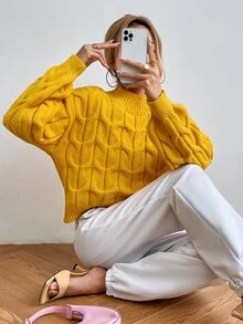 Jersey de cuello alto de hombros caídos tejido de cable - Amarillo - Ver 3