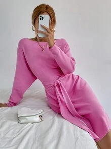 SHEIN Unity Ladies áo len váy màu trơn Giải trí - Hồng - Xem 6