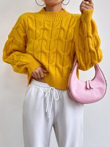 Jersey de cuello alto de hombros caídos tejido de cable - Amarillo - Ver 4