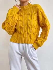 Jersey de cuello alto de hombros caídos tejido de cable - Amarillo - Ver 5