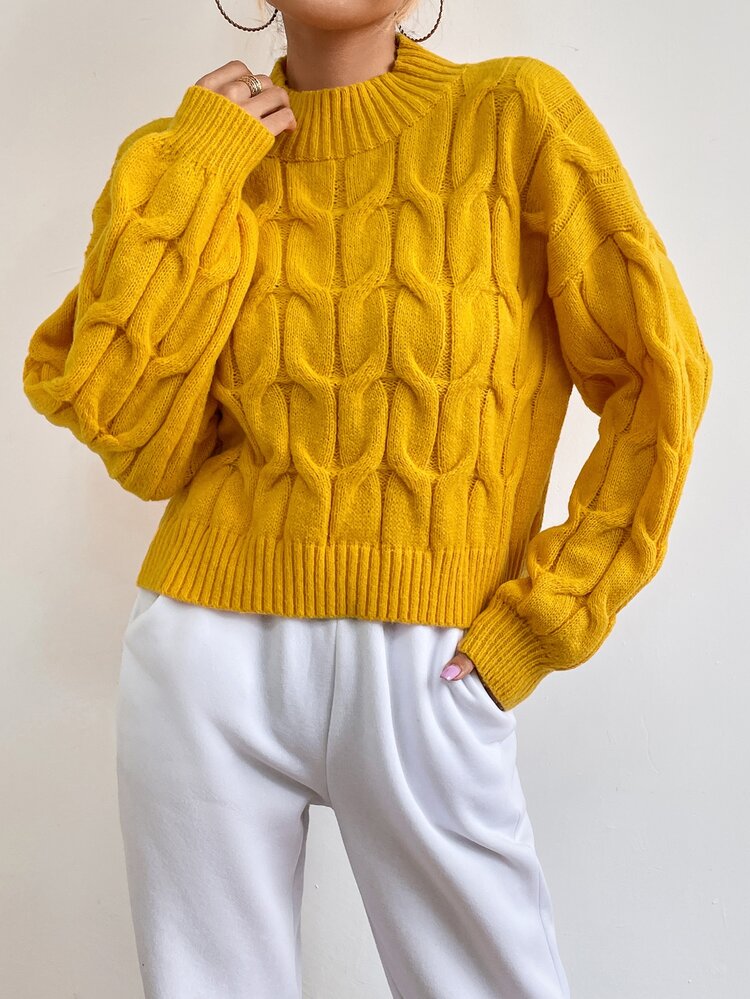 Mock Neck Drop Shoulder Cable Knit Sweater - Yellow - View 5