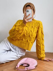 Jersey de cuello alto de hombros caídos tejido de cable - Amarillo - Ver 6