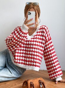 SHEIN EZwear 滿版圖案落肩袖套頭毛衣 - 彩色 - 查看 1