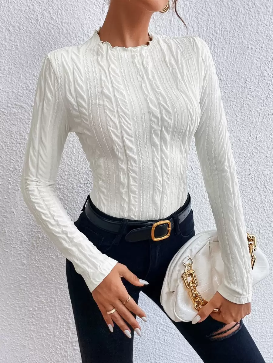 SHEIN Frenchy Áo thun nữ Xù nhỏ màu trơn Giải trí - trắng - Xem 1