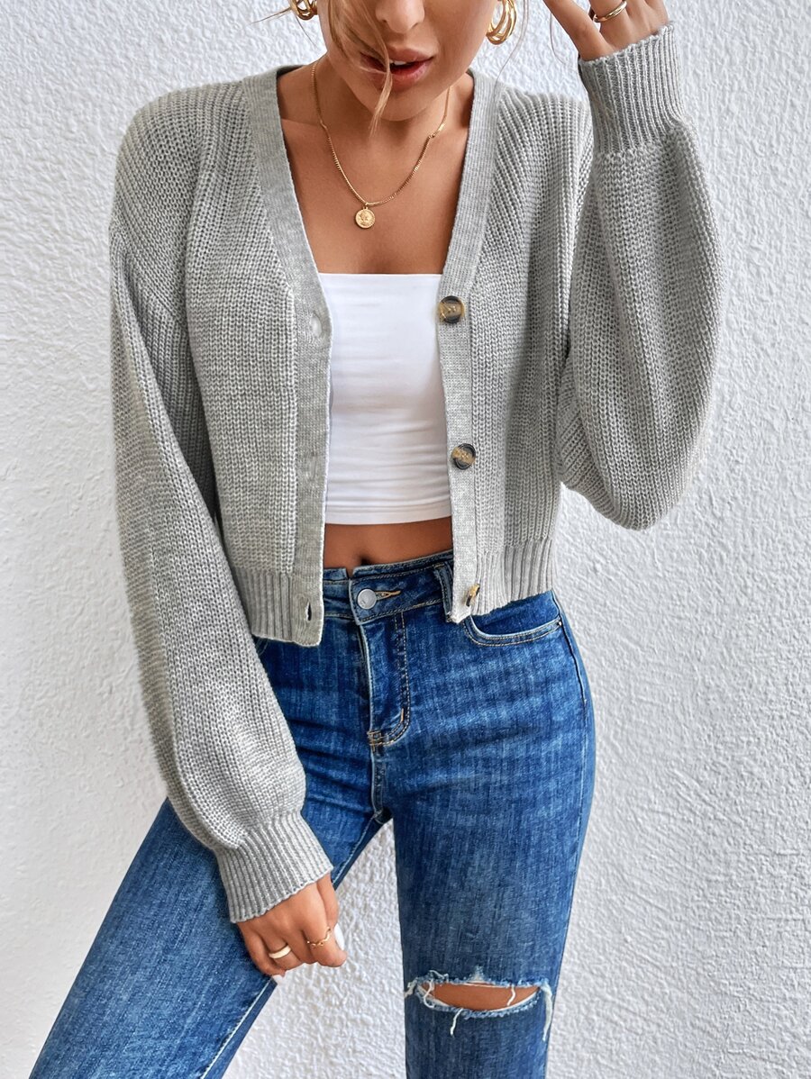 SHEIN Essnce Solid Drop Shoulder Button Up Crop Cardigan,Long Sleeve Tops In Fall/Winter - Light Grey - View 1