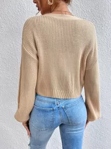 SHEIN Essnce 素色落肩袖前排扣短款開衫 - 杏色 - 查看 2