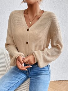 SHEIN Essnce 素色落肩袖前排扣短款開衫 - 杏色 - 查看 3