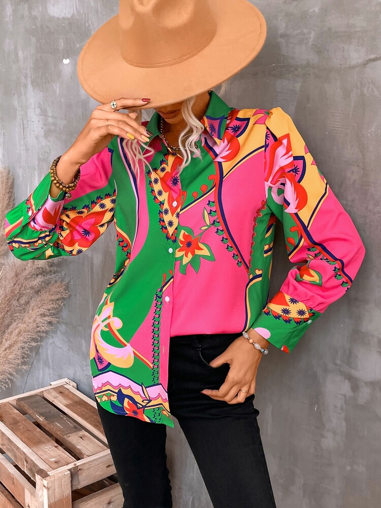 印花前紐扣襯衫 - 彩色 - 查看 1