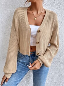 SHEIN Essnce 素色落肩袖前排扣短款開衫 - 杏色 - 查看 4