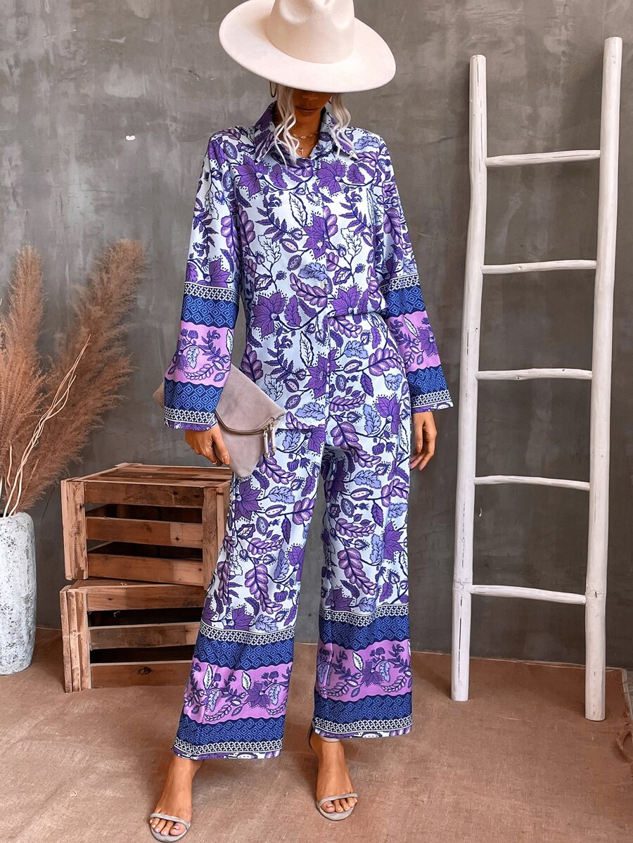 SHEIN VCAY Floral Print Blouse & Wide Leg Trousers - Multicolor - View 1