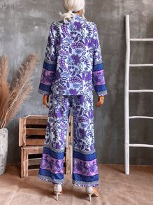 SHEIN VCAY Floral Print Blouse & Wide Leg Trousers - Multicolor - View 2