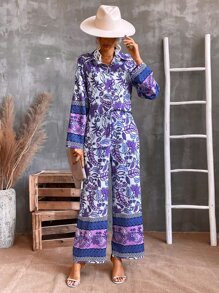 SHEIN VCAY Floral Print Blouse & Wide Leg Trousers - Multicolor - View 4