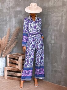 SHEIN VCAY Floral Print Blouse & Wide Leg Trousers - Multicolor - View 5