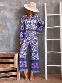 SHEIN VCAY Floral Print Blouse & Wide Leg Trousers - Multicolor - View 6