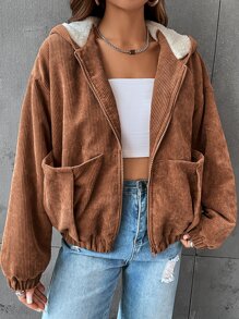Drop Shoulder Teddy Lined Hooded Jacket - Brown - View 3