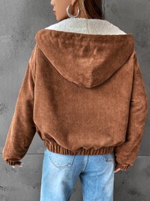 Drop Shoulder Teddy Lined Hooded Jacket - Brown - View 4