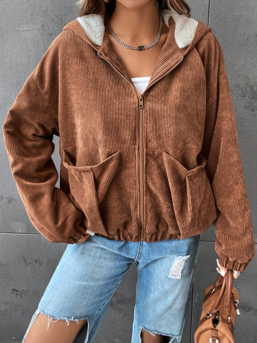 Drop Shoulder Teddy Lined Hooded Jacket - Brown - View 1