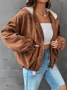 Drop Shoulder Teddy Lined Hooded Jacket - Brown - View 5