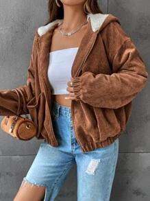Drop Shoulder Teddy Lined Hooded Jacket - Brown - View 6