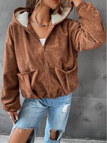 Drop Shoulder Teddy Lined Hooded Jacket - Brown - View 2
