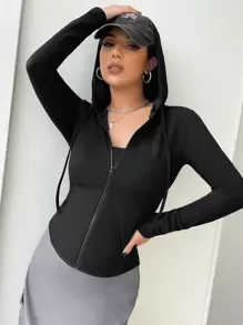 Muchica 拉鏈開襟弧形下擺連帽夾克 - 黑色 - 查看 1