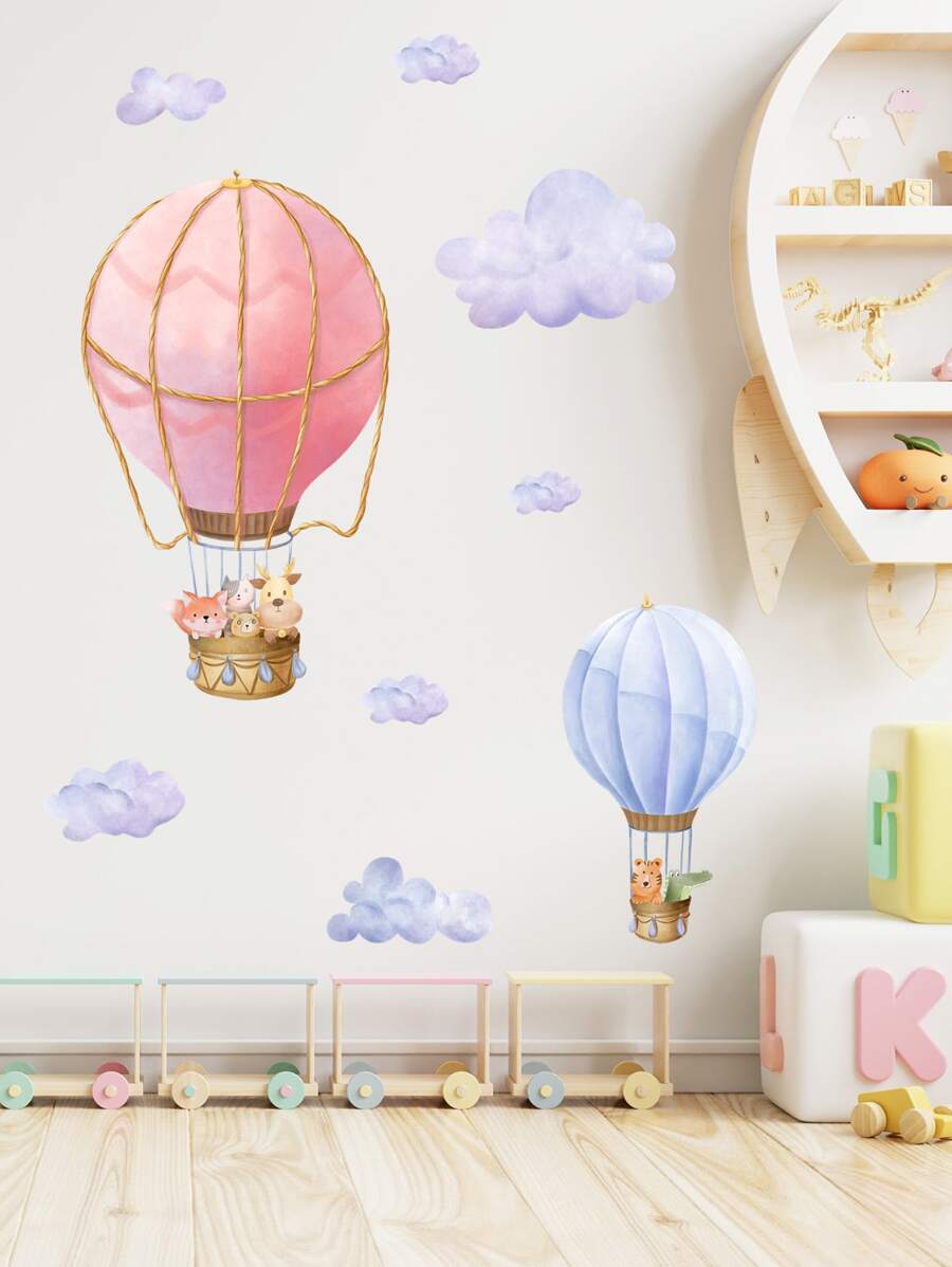 Hot Air Balloon & Cloud Pattern Wall Sticker - Multicolor - View 1