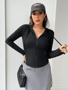 Muchica 拉鏈開襟弧形下擺連帽夾克 - 黑色 - 查看 3