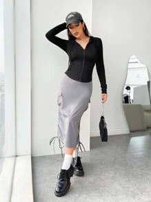 Muchica 拉鏈開襟弧形下擺連帽夾克 - 黑色 - 查看 6