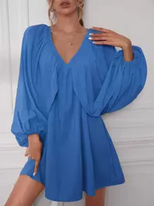 燈籠袖後綁帶連衣裙 - 霧霾藍 - 查看 1