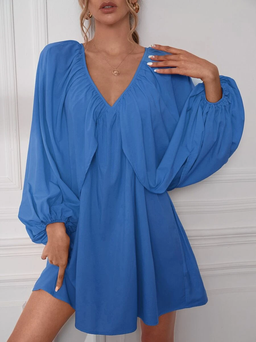 燈籠袖後綁帶連衣裙 - 霧霾藍 - 查看 1