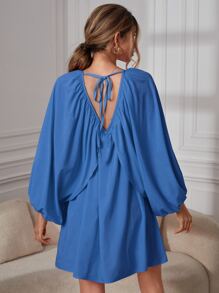 燈籠袖後綁帶連衣裙 - 霧霾藍 - 查看 2