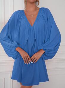 燈籠袖後綁帶連衣裙 - 霧霾藍 - 查看 4