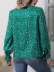SHEIN LUNE 滿版印花抽褶袖口燈籠袖襯衫 - 綠色 - 查看 2
