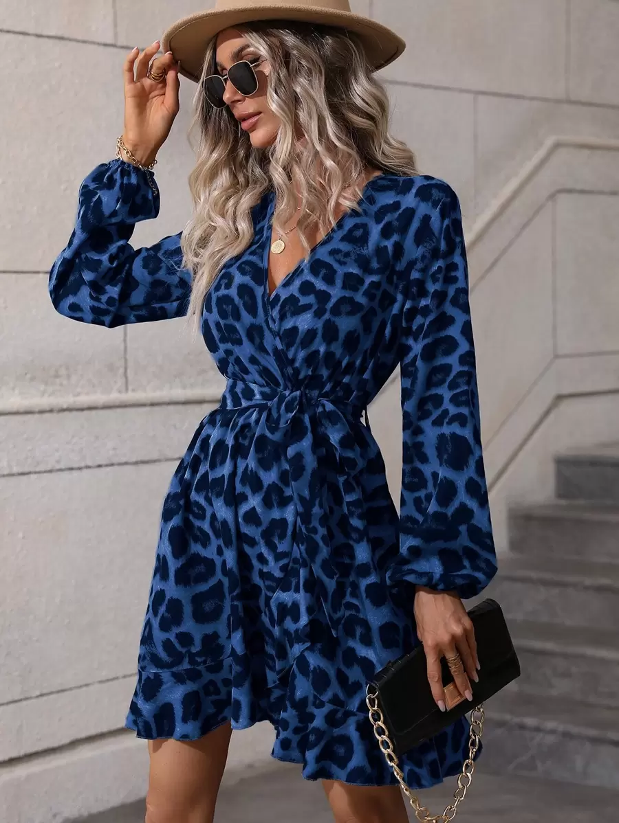 SHEIN LUNE Leopard Print Bishop Sleeve Belted Wrap Dress - Blue - View 1