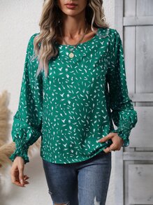 SHEIN LUNE 滿版印花抽褶袖口燈籠袖襯衫 - 綠色 - 查看 5