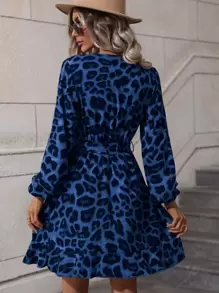 SHEIN LUNE Leopard Print Bishop Sleeve Belted Wrap Dress - Blue - View 2