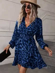 SHEIN LUNE Leopard Print Bishop Sleeve Belted Wrap Dress - Blue - View 3