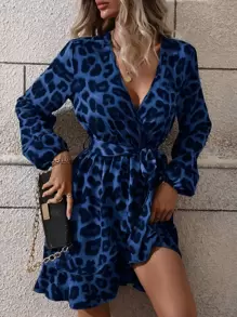 SHEIN LUNE Leopard Print Bishop Sleeve Belted Wrap Dress - Blue - View 5